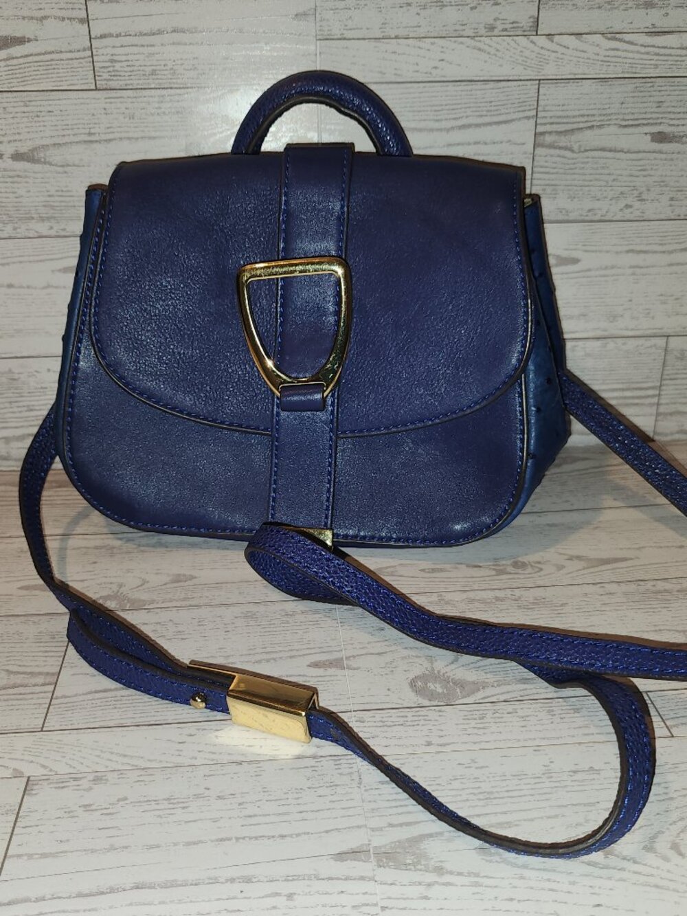 G.I.L.I. Genuine Leather Blue Ostrich Embossed Satchel Crossbody Top Handle Bag